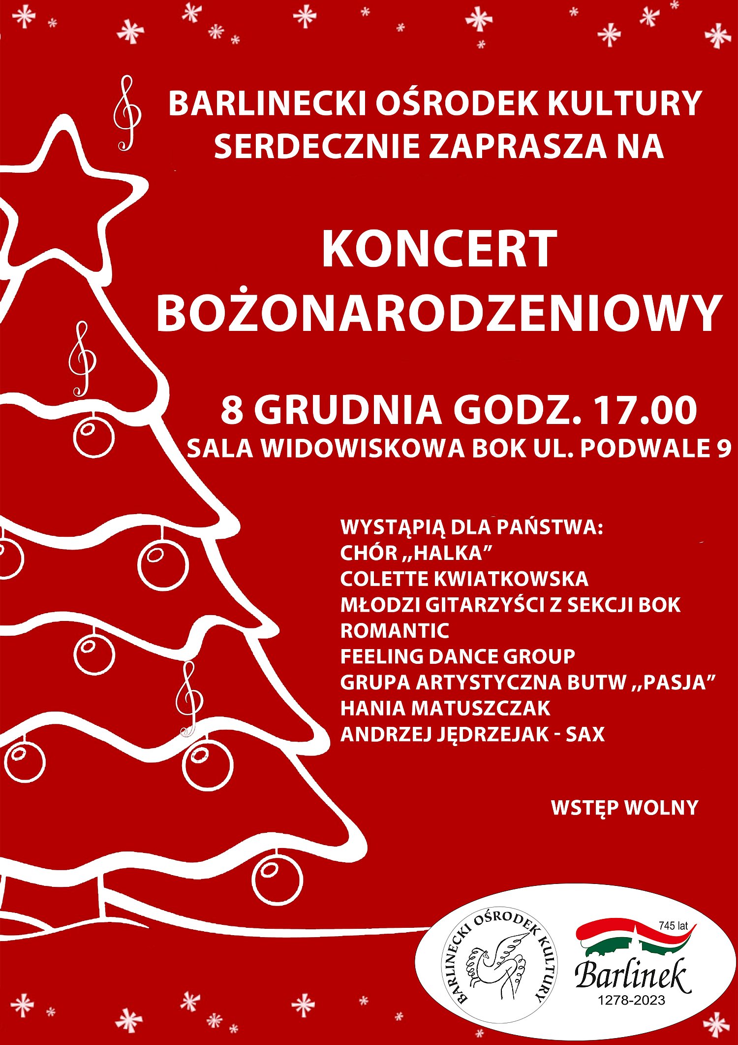 Plakat zapraszający na koncert Bożonarodzeniowy w dniu 8.12.2023