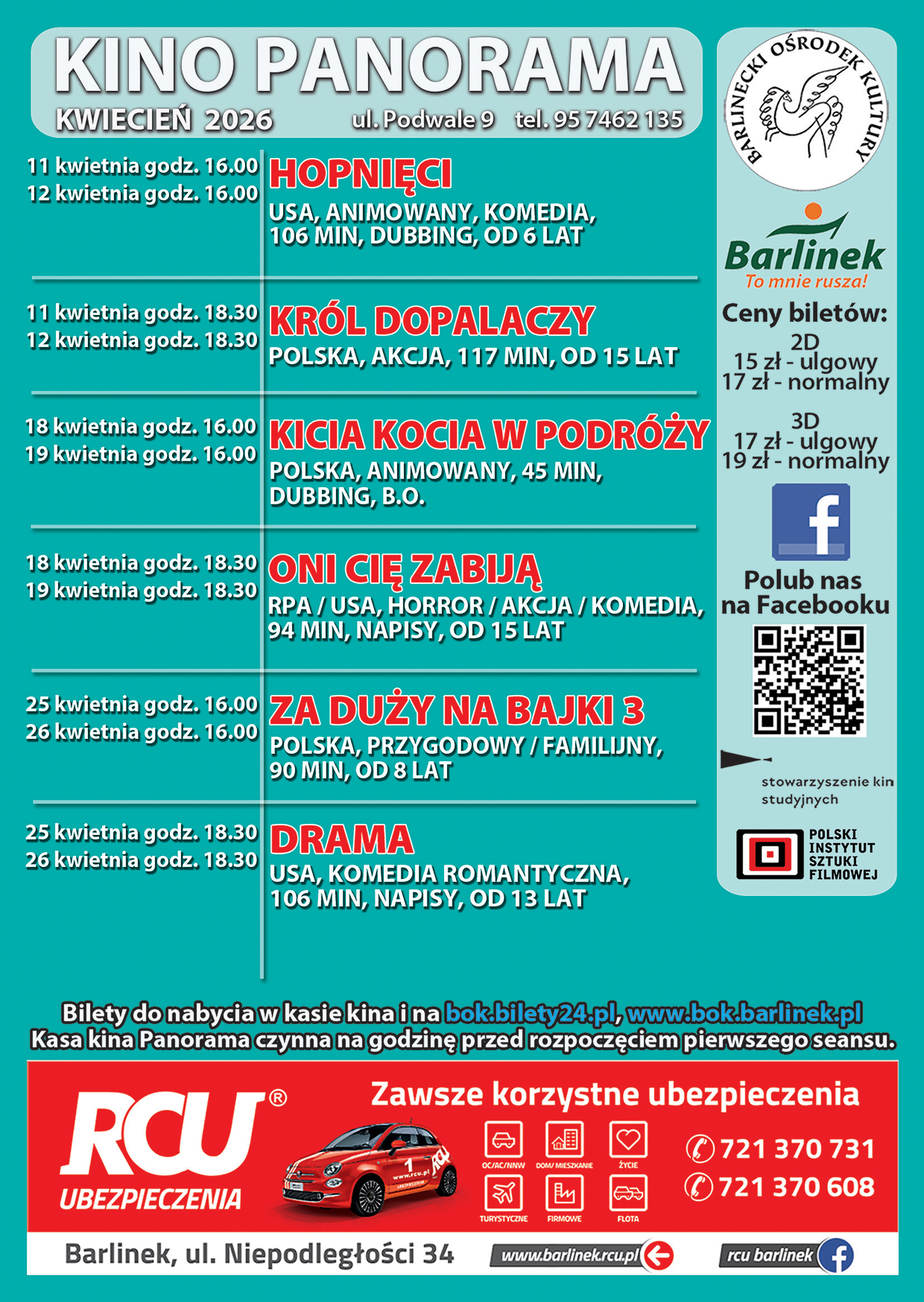 Repertuar kina panorama w kwietniu 2026 tekst na zielonym tle.