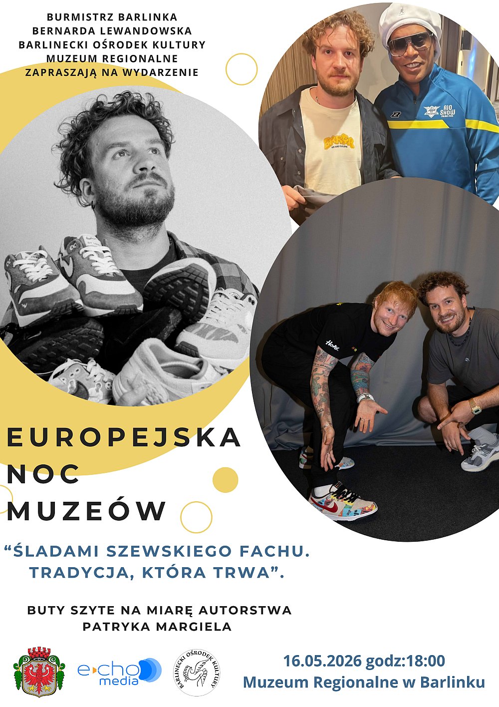 Grafika reklamowa - trzy osoby trzymające buty na biało żółtym tle.