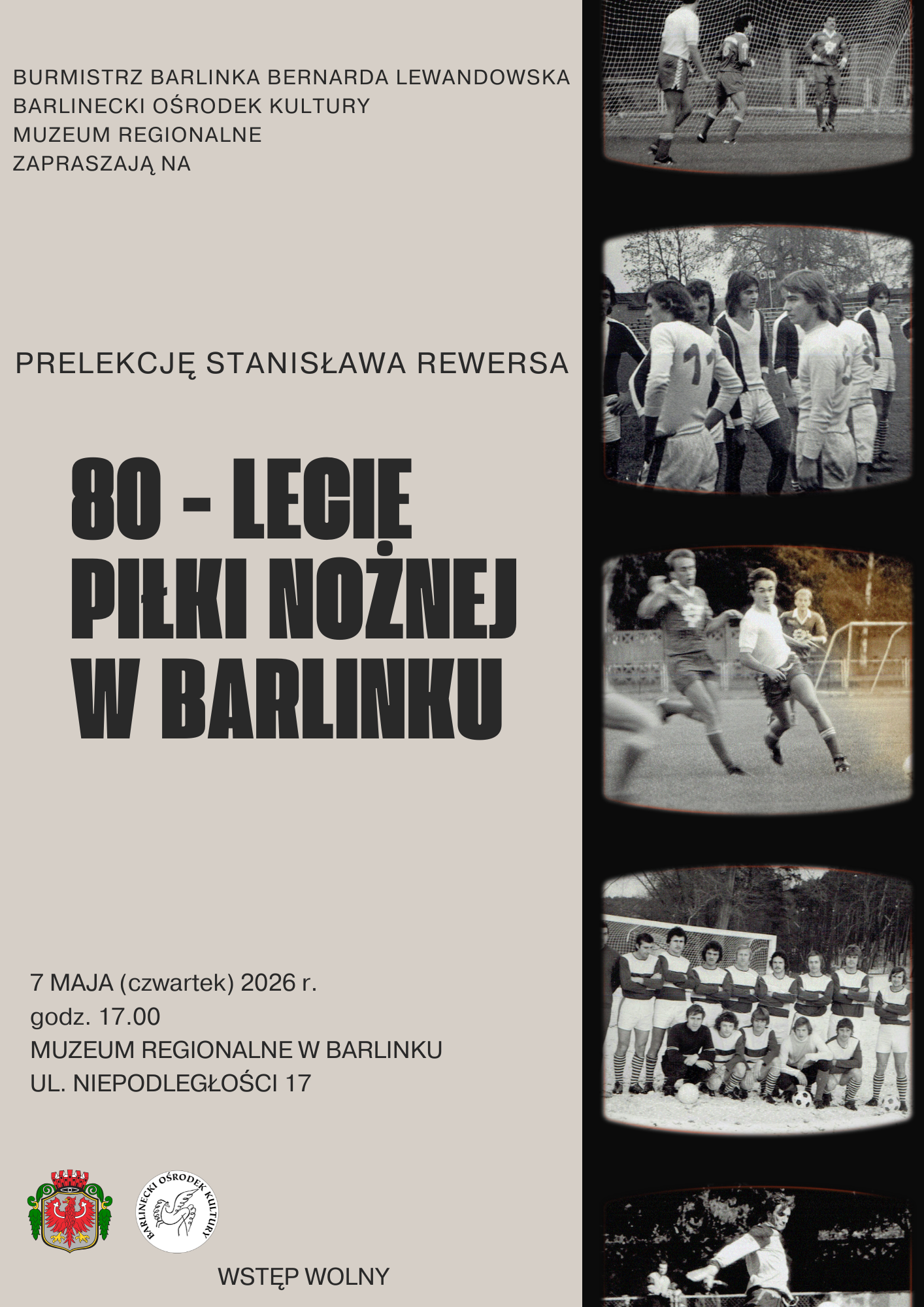 Beżowe tło z napisami oraz stare fotografie piłkarskie