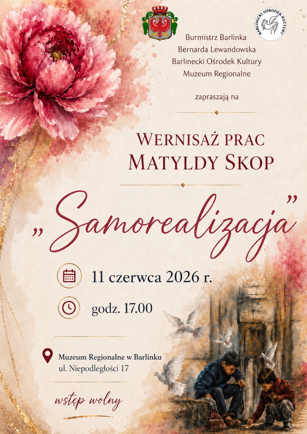 Grafika reklamowa – różowy kwiat, gołębie oraz dzieci na kremowym tle Grafika reklamowa - różowy kwiat, gołębie oraz dzieci na kremowym tle