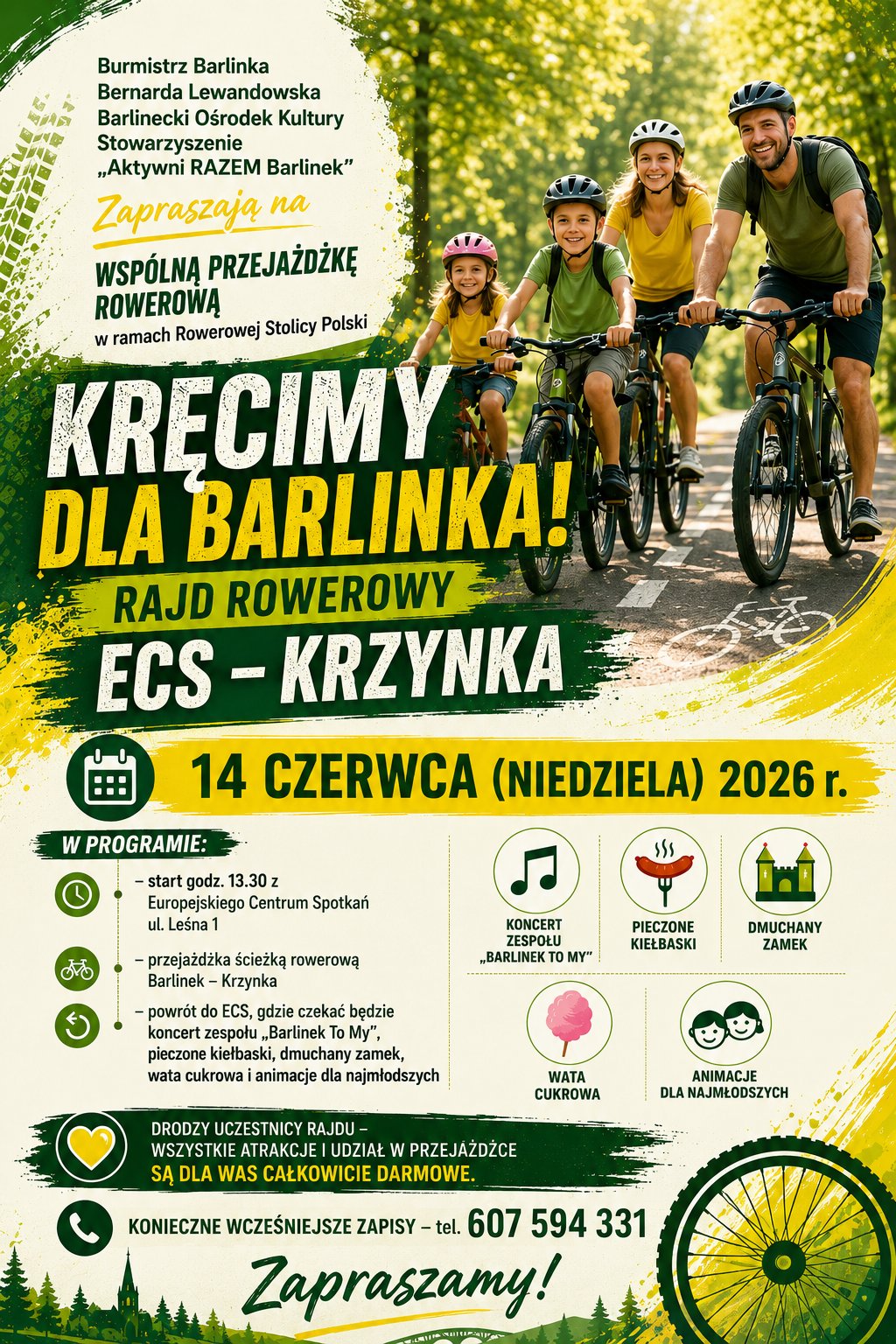 Grafika reklamowa - grupa rowerzystów oraz informacje o rajdzie