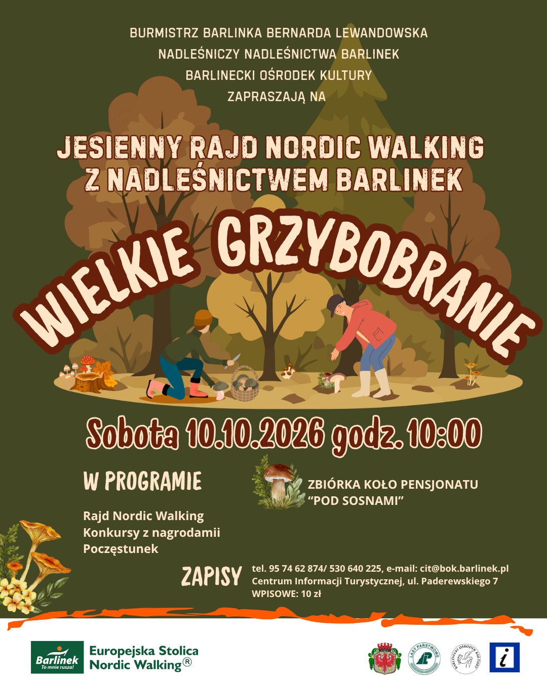 Grafika reklamowa - Zielone tło animowany las i ludzie zbierający grzyby